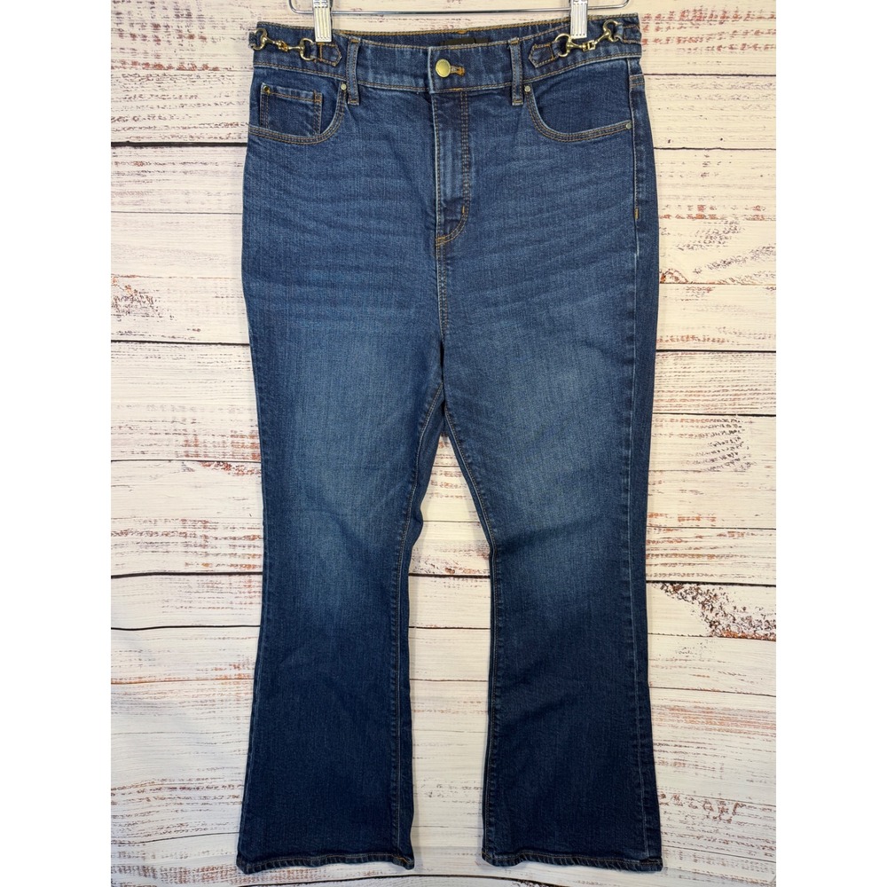 Ann Taylor The Flare Jeans Women 10P Blue High Rise Horsebit Chain Detail